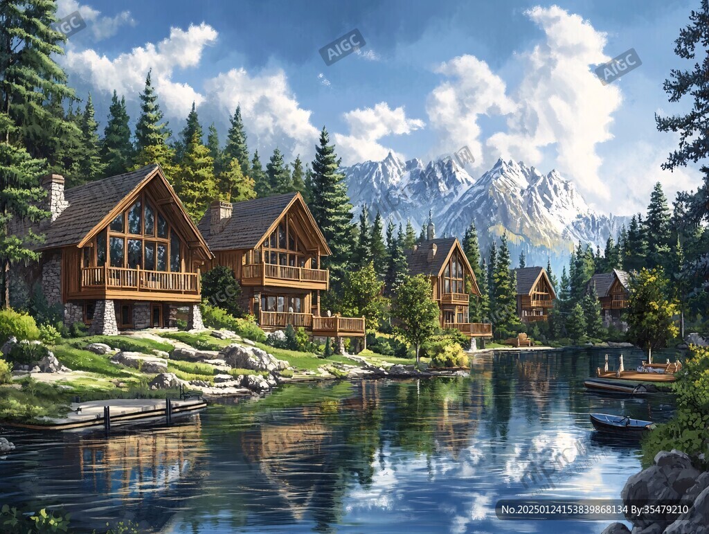 山脚湖泊木屋