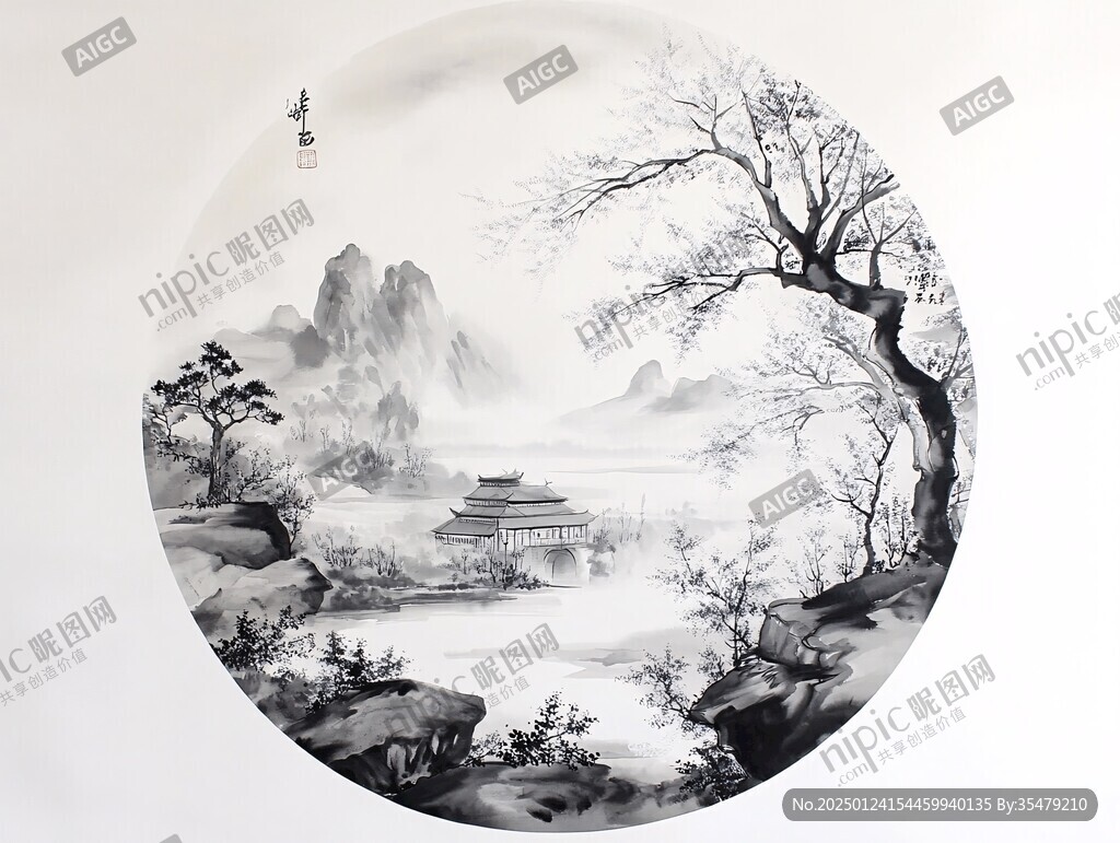 圆形山水画小品