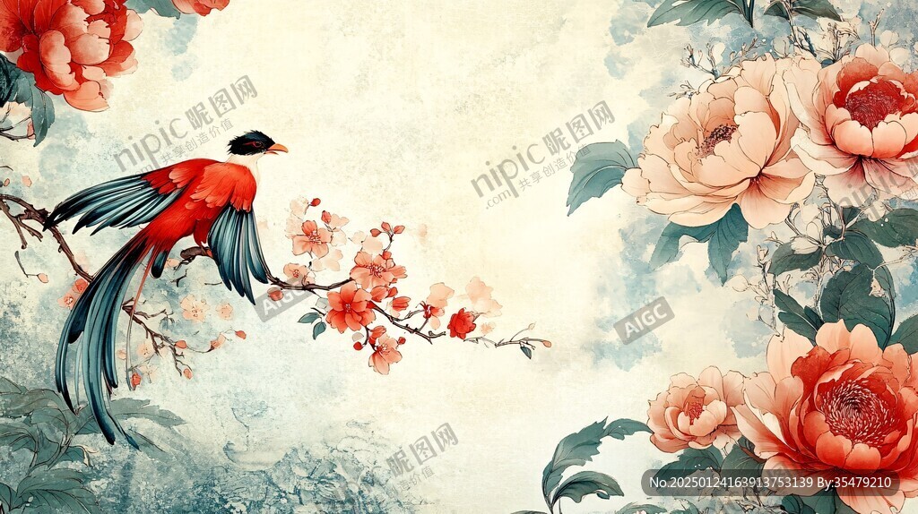 新中式手绘红色花鸟