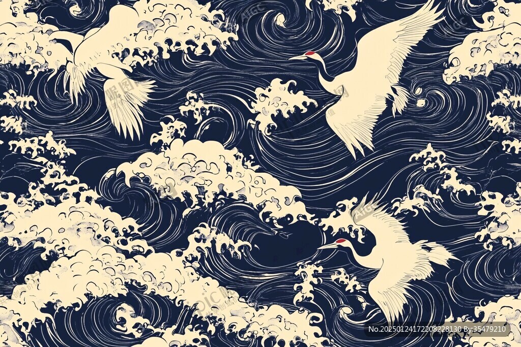海浪仙鹤云纹中式背景