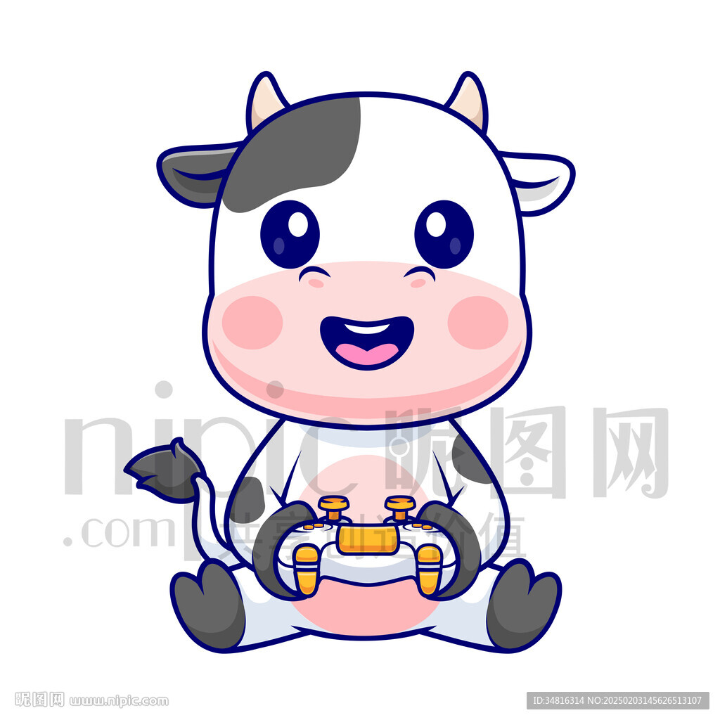 可爱卡通打电玩的奶牛