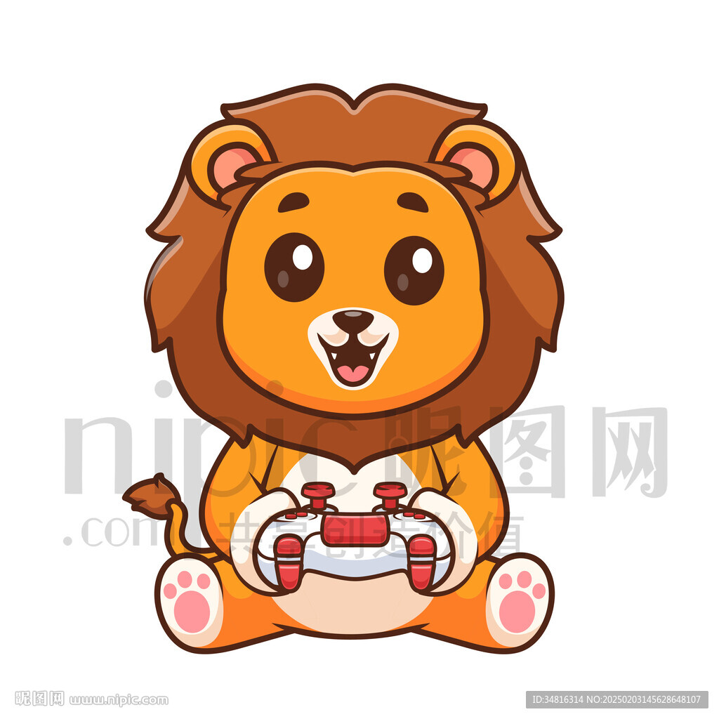 可爱卡通打电玩的狮子