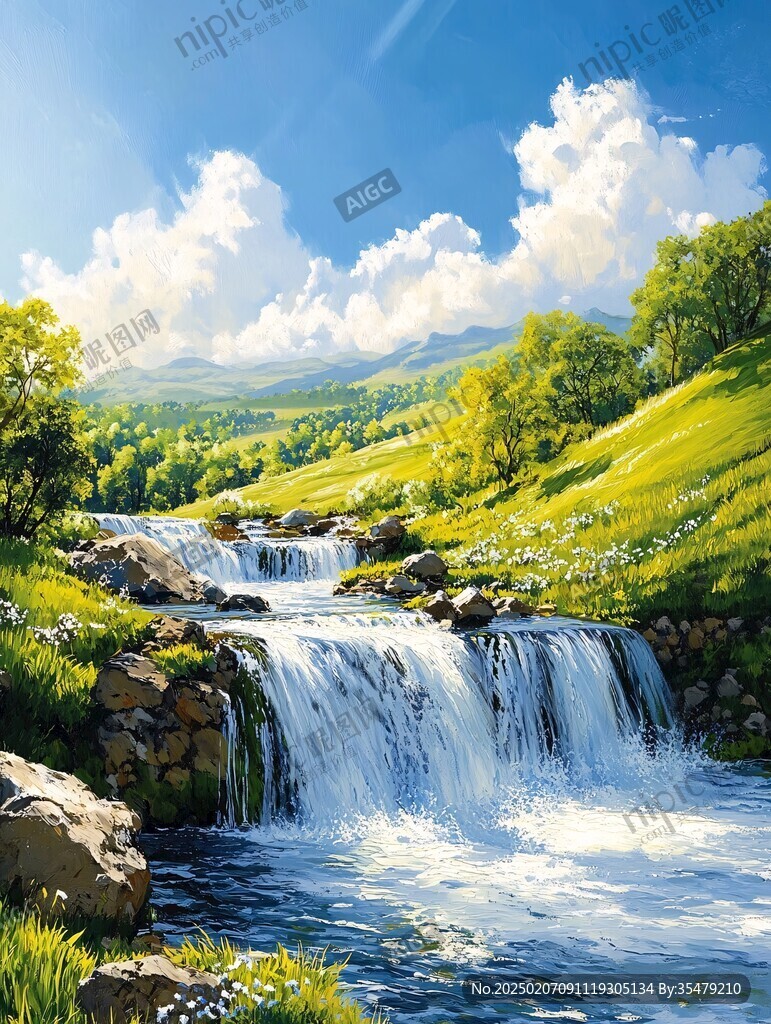 山水风景油画瀑布