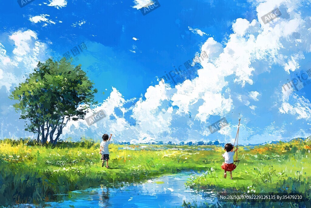 小朋友河里摸鱼