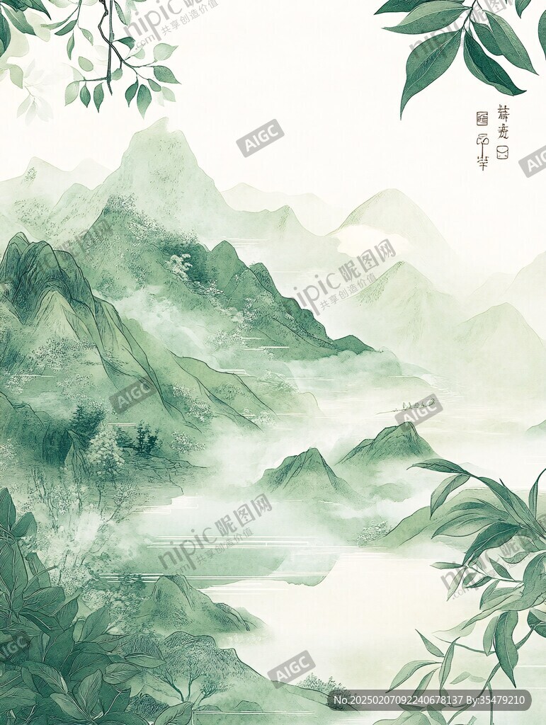 古典古风青绿山水背景