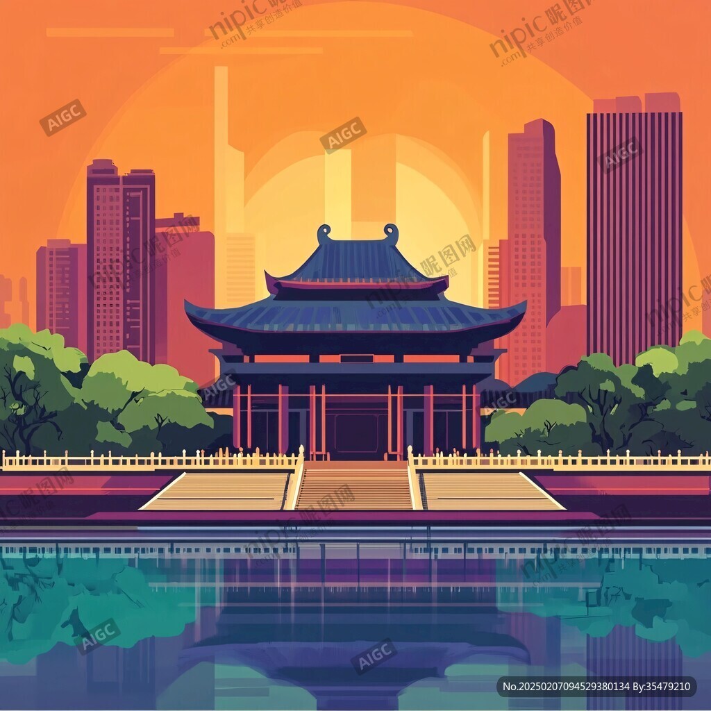 华中地区城市建筑插画