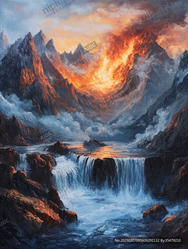 风雪流水山脉油画