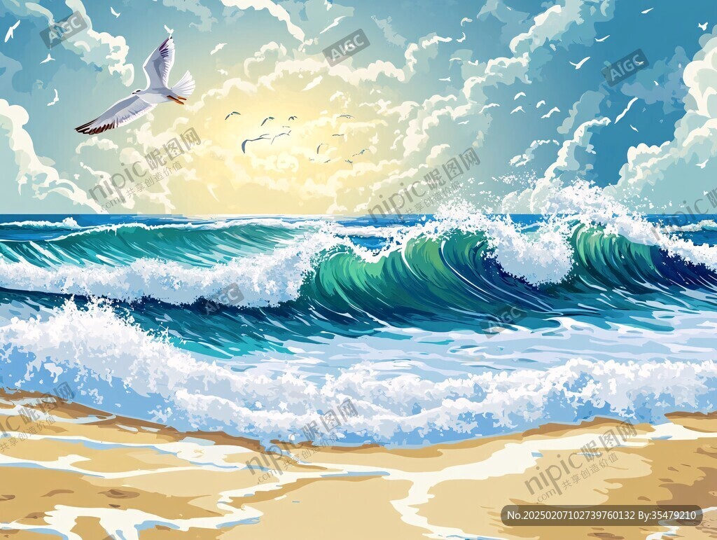 手绘海浪旭日东升