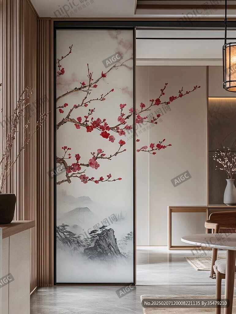 酒店客厅走廊梅花花鸟