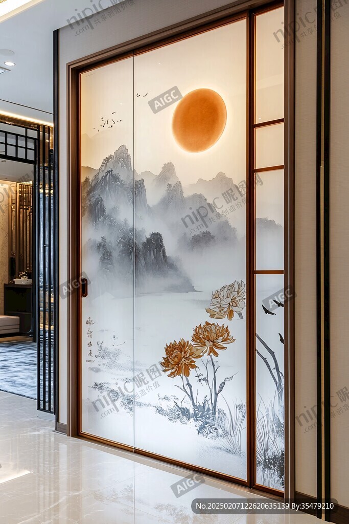 山水画玻璃屏风