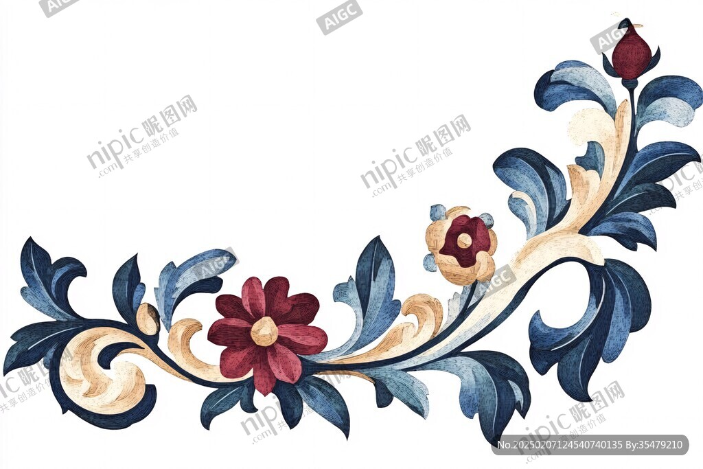 蓝橙色花艺手绘素材