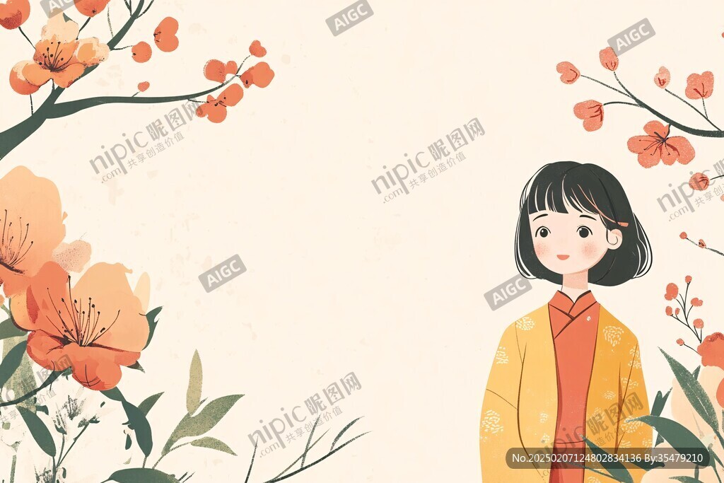 女孩捧花微笑插画