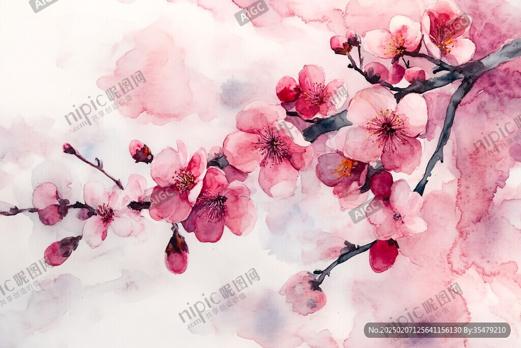 桃花水彩画