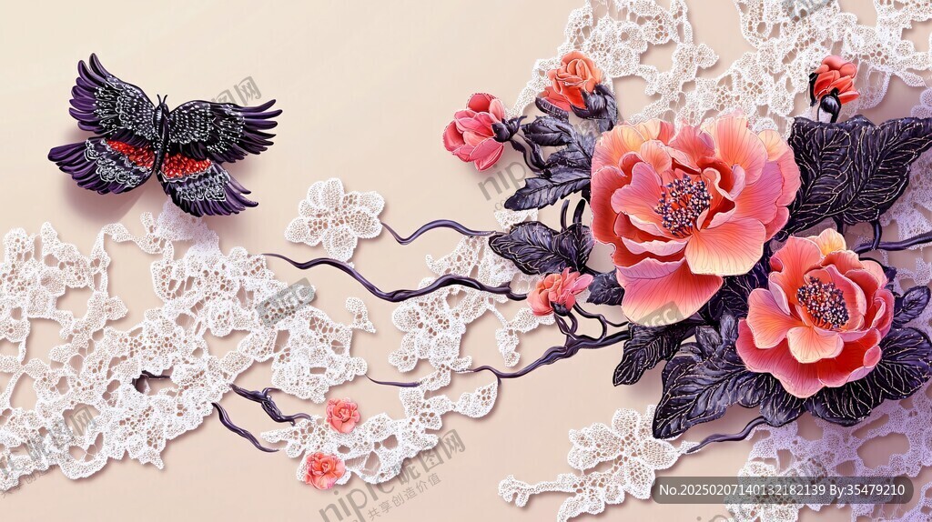 3d立体浮雕花卉花鸟