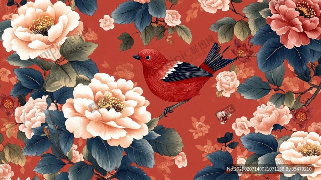 牡丹喜鹊图插画