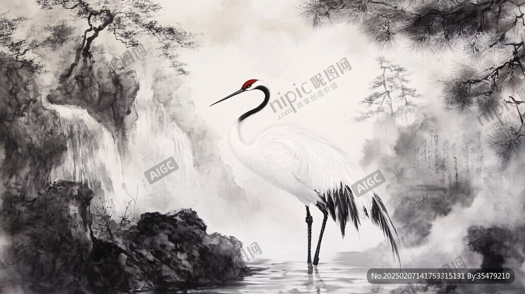 手绘白鹤装饰画