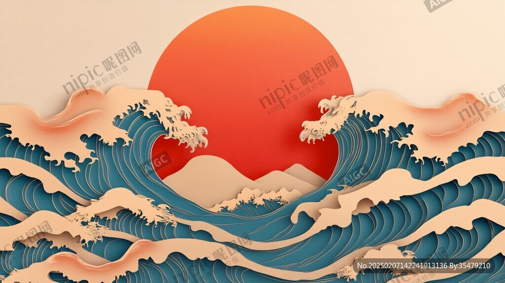 手绘海浪旭日东升
