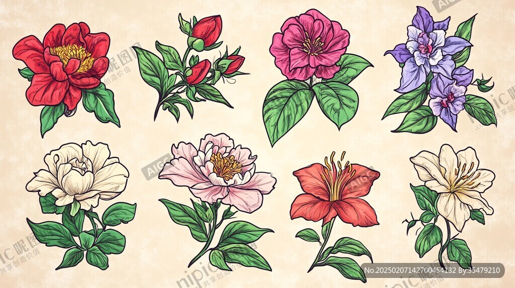 手绘牡丹花一组