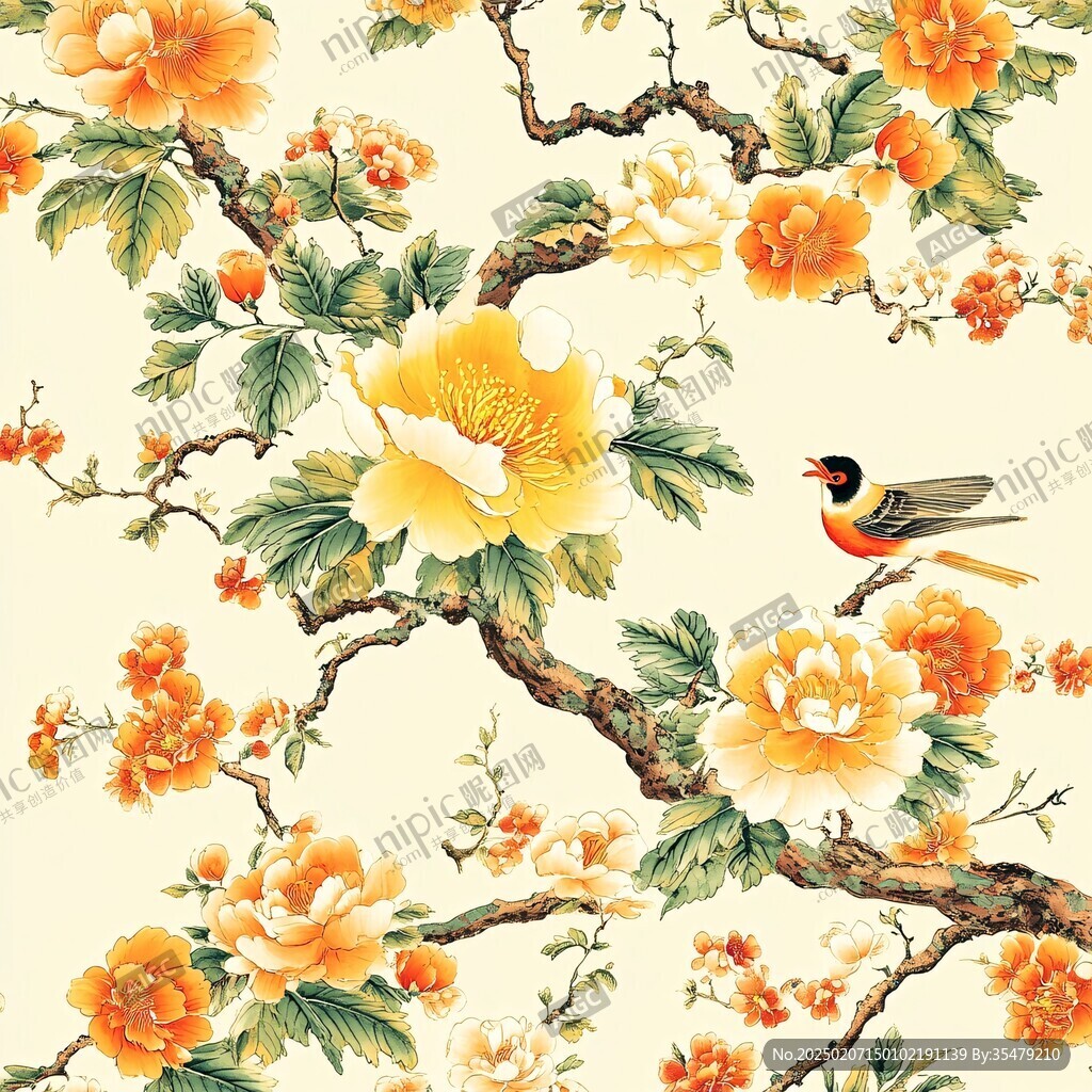 花鸟牡丹花鸟碎花