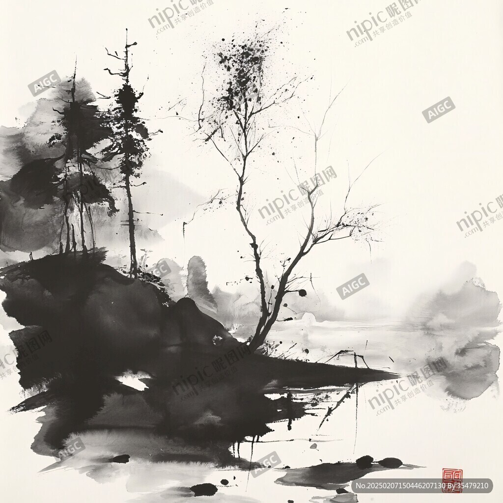 倒影水墨画