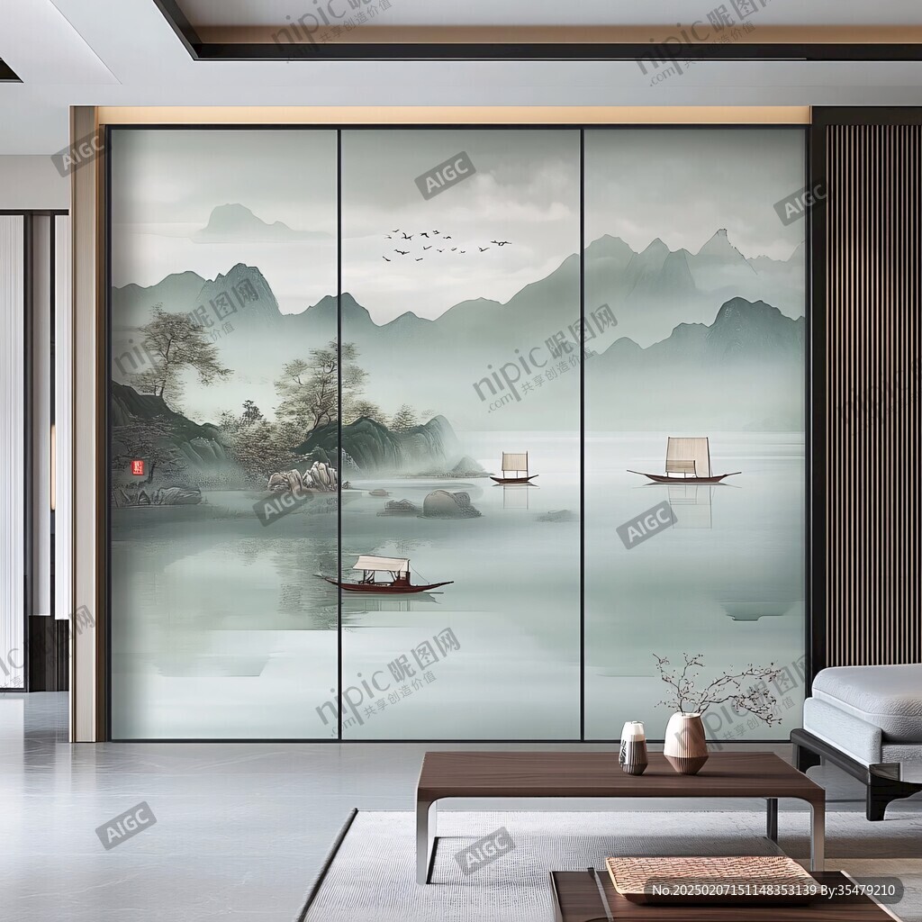 山水画玻璃屏风
