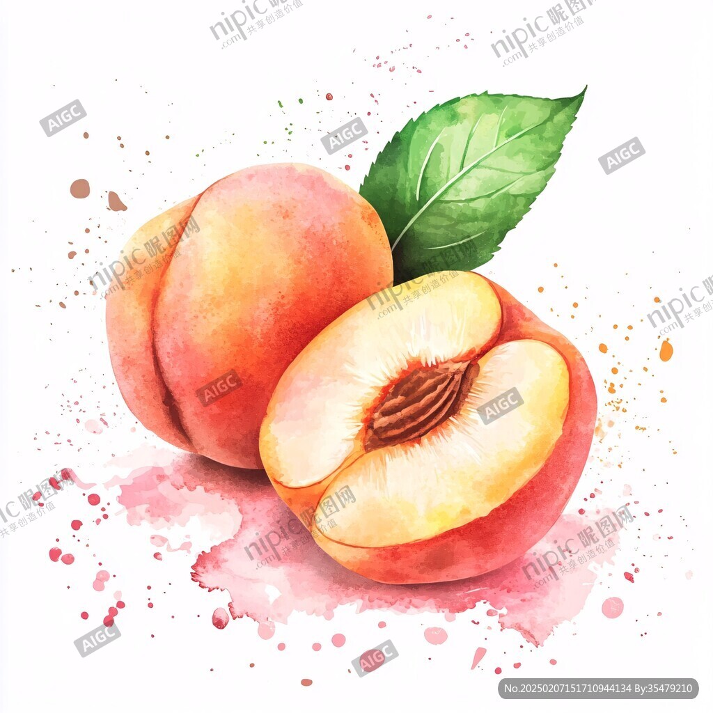 水彩水蜜桃水果插画