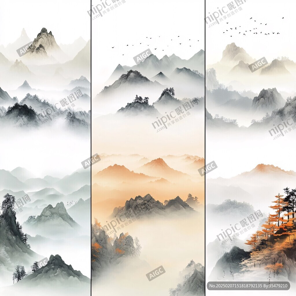 屏风画禅意山峰云雾