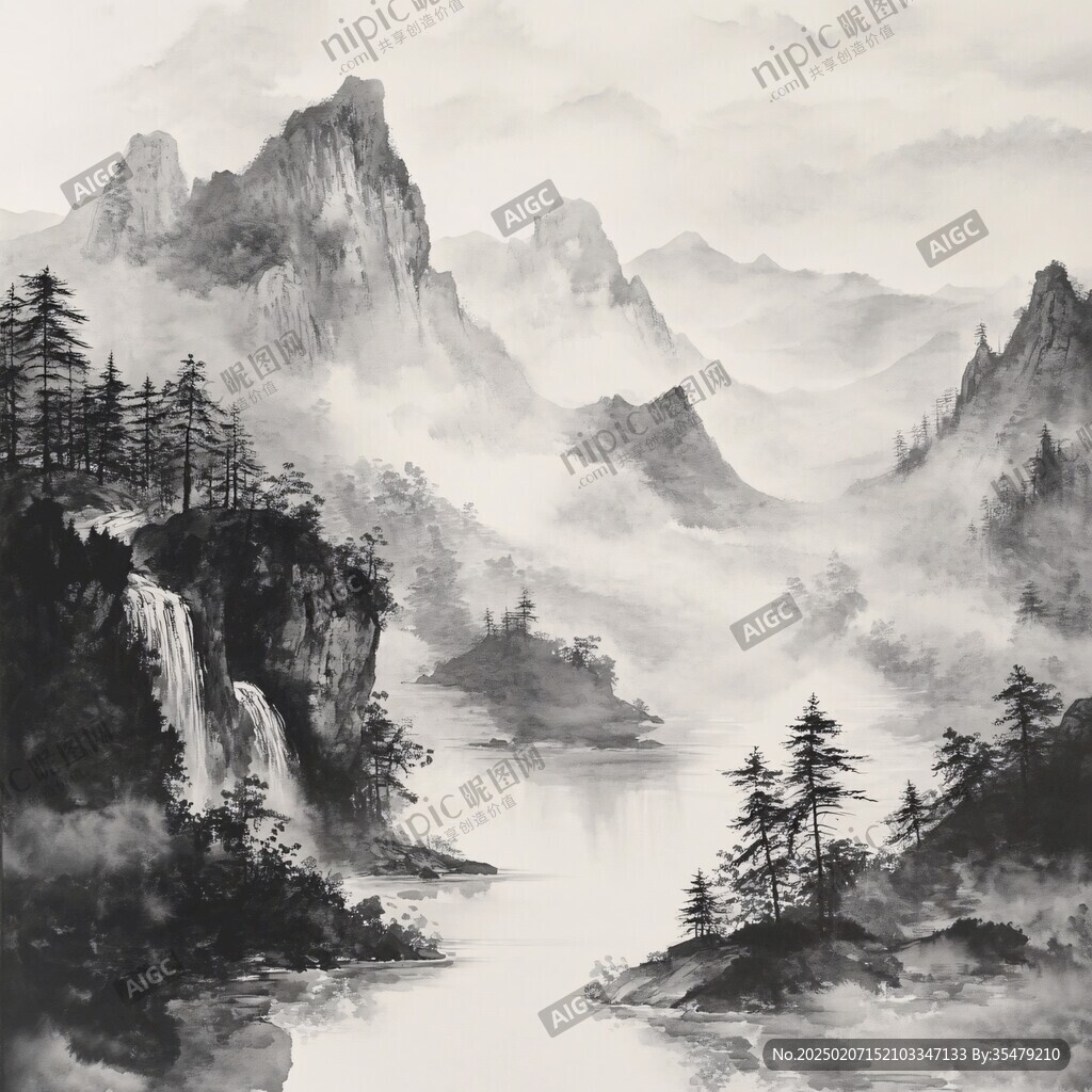 淡雅金色烟雾山水