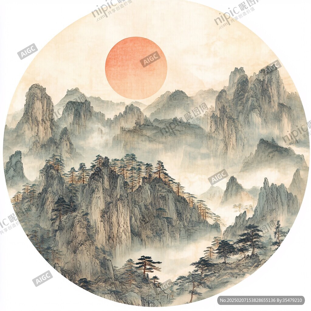 圆形手绘山水