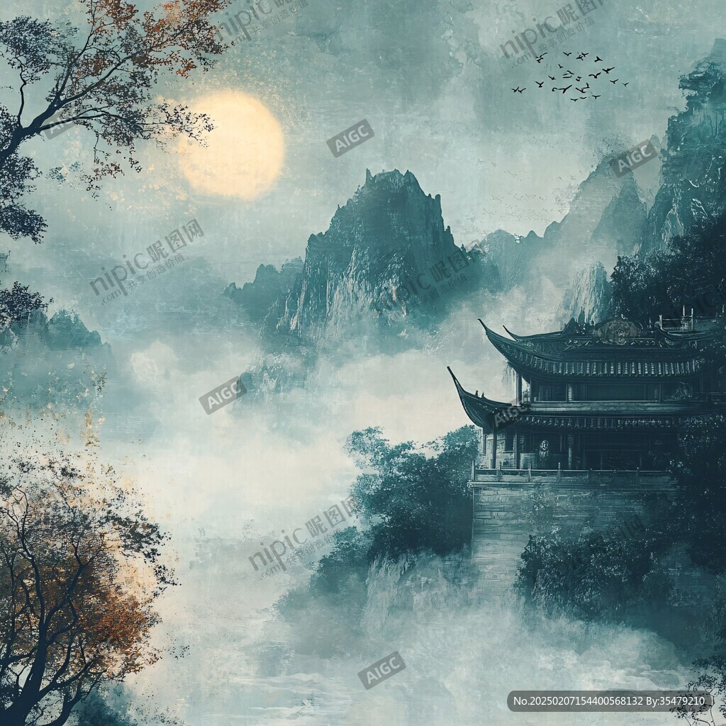 楼阁山水意境画