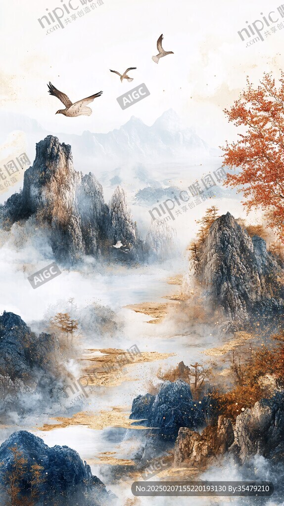 淡雅金色烟雾山水
