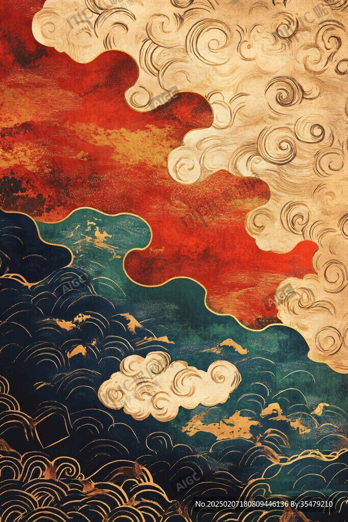 海浪仙鹤云纹中式背景