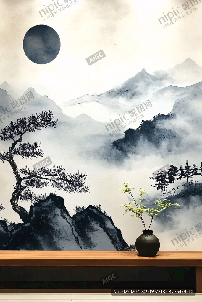 禅意山水挂画壁画壁纸