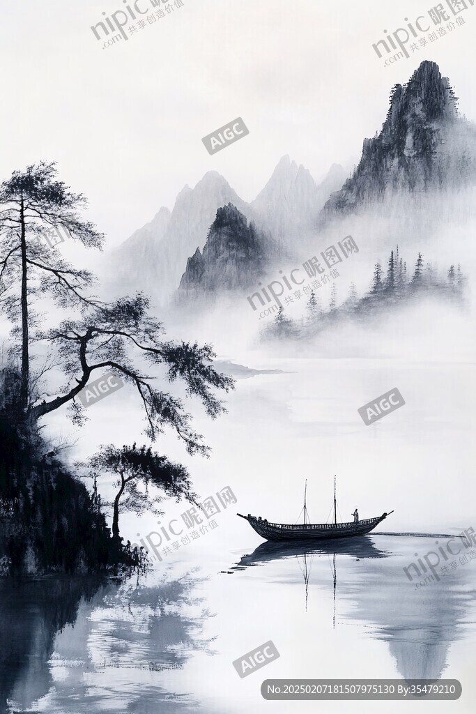 轻舟已过万重山水墨画