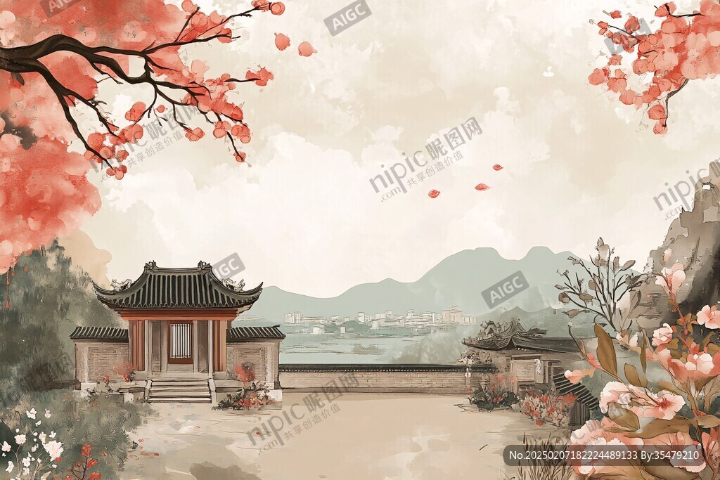 亭台楼阁意境插画