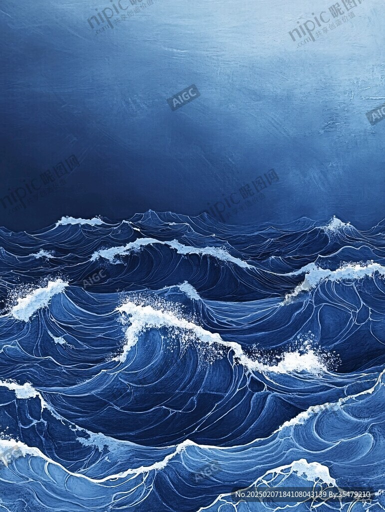 工笔手绘海浪装饰画