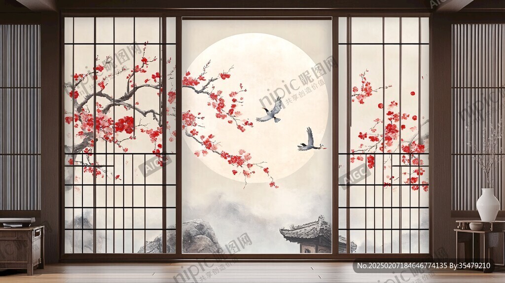 中式窗景插画