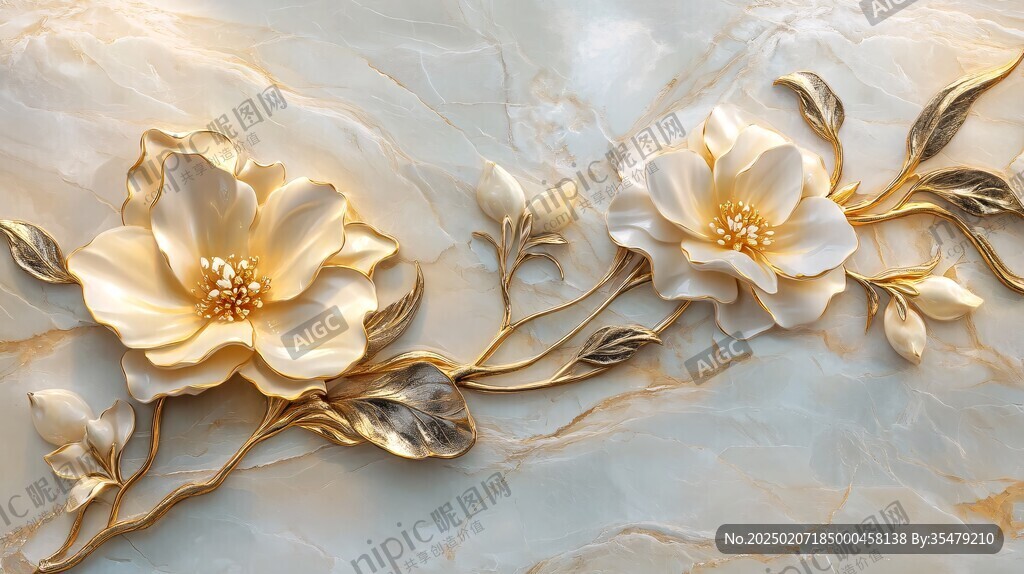 轻奢金色牡丹花线条