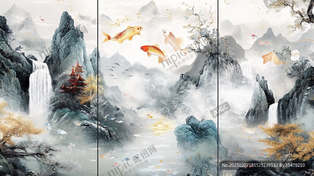 新中式山水鲤鱼