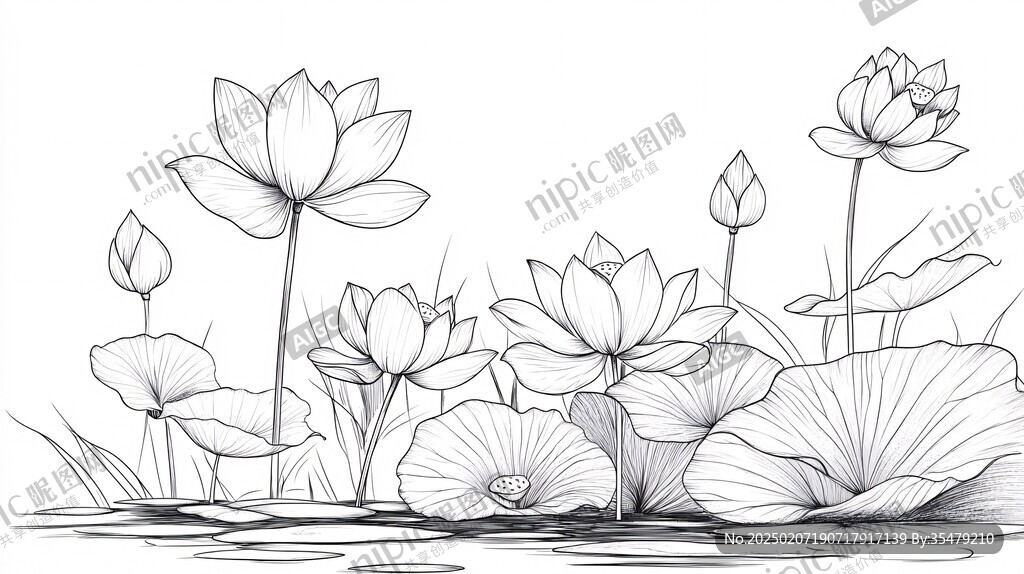 手绘黑白线描荷花