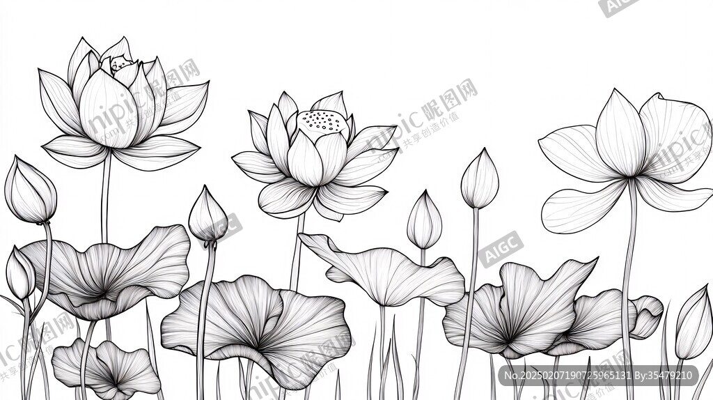 线条荷花线描荷花