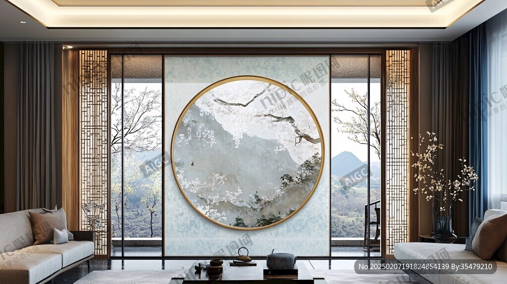 圆山水框画硬包背景