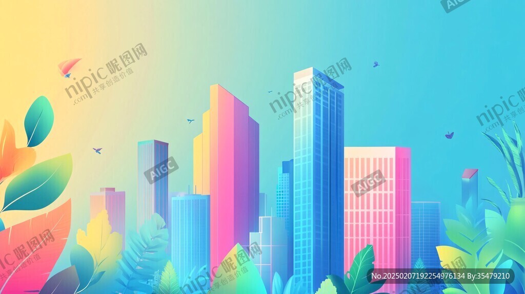 炫彩渐变城市插画