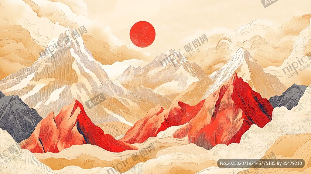 高端山水线包装插画