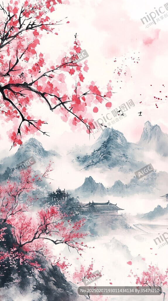 桃花源记古风山水插画