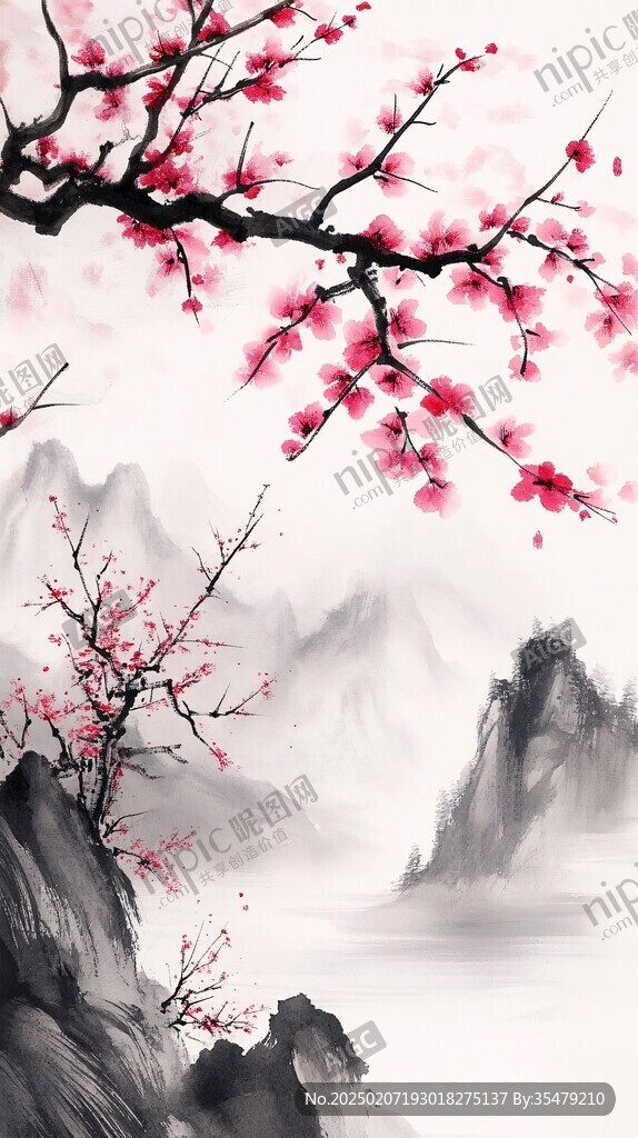 水墨桃花禅意山水