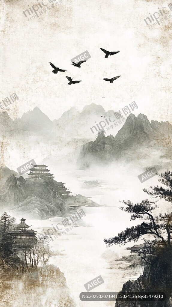 仙鹤楼阁古风山水画