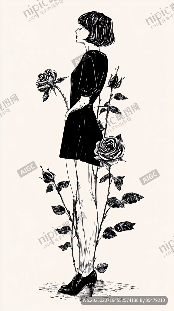 玫瑰花插画女孩