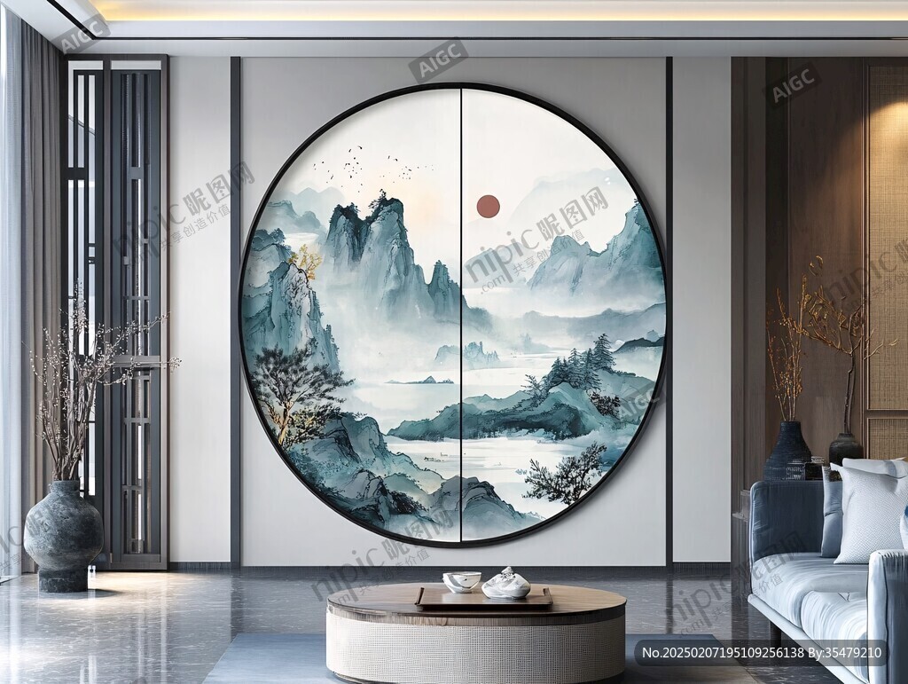圆山水框画硬包背景