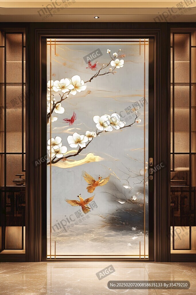 酒店客厅走廊梅花花鸟